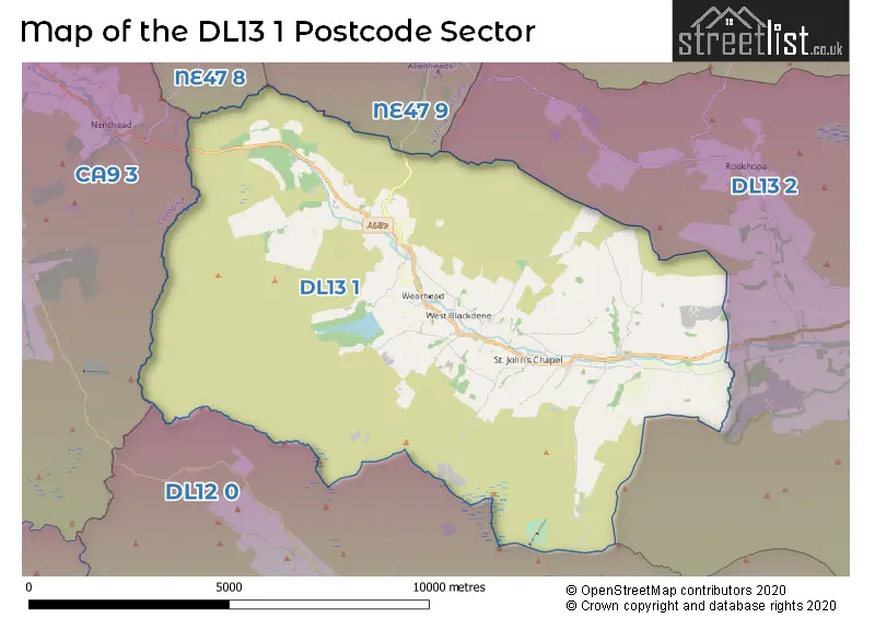Map of the DL13 1 and surrounding postcode sector