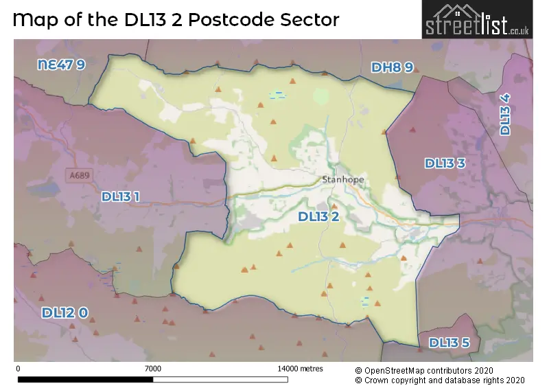 Map of the DL13 2 and surrounding postcode sector