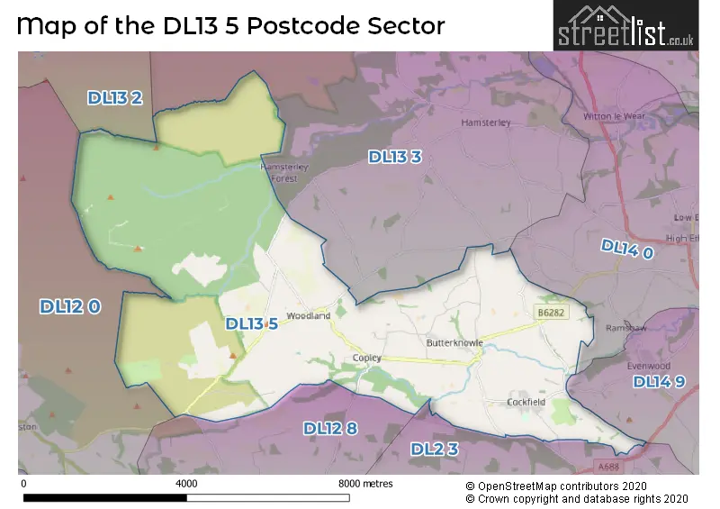 Map of the DL13 5 and surrounding postcode sector