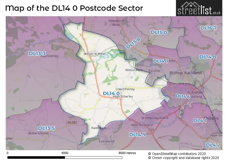 Map of the DL14 0 and surrounding postcode sector