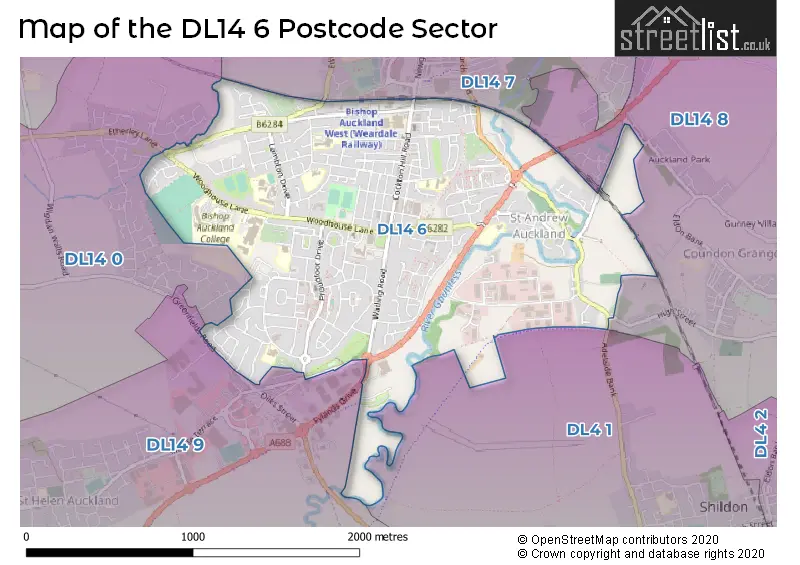 Map of the DL14 6 and surrounding postcode sector