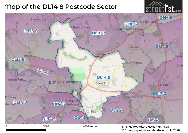 Map of the DL14 8 and surrounding postcode sector