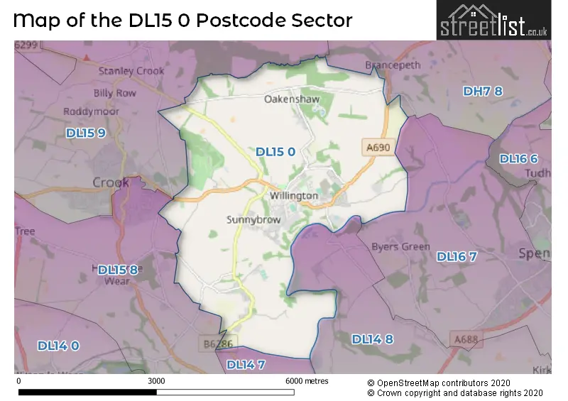 Map of the DL15 0 and surrounding postcode sector