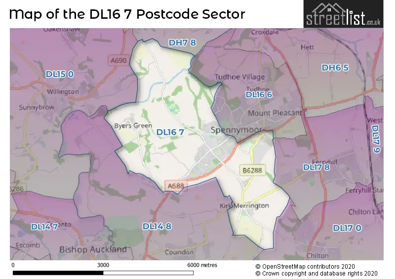 Map of the DL16 7 and surrounding postcode sector