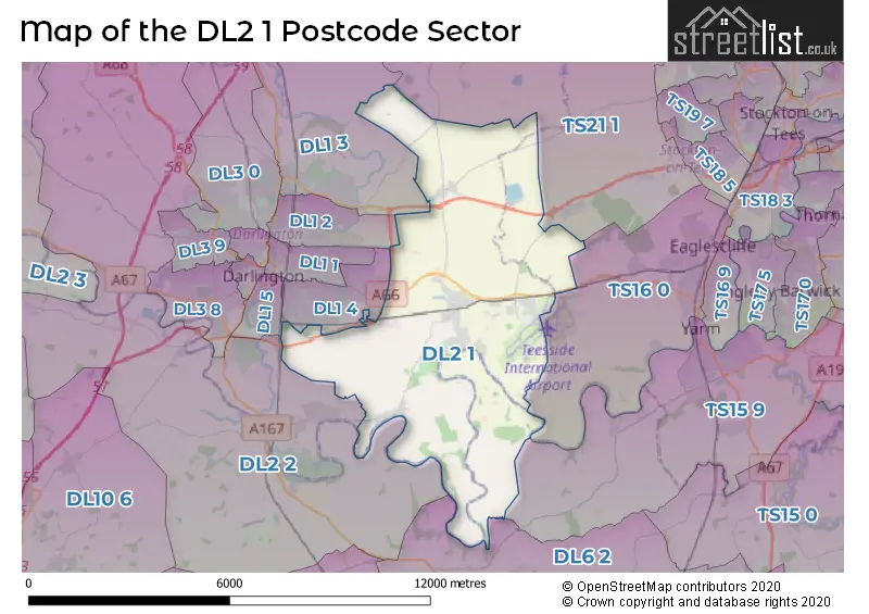 Map of the DL2 1 and surrounding postcode sector