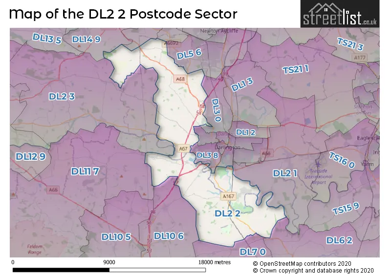 Map of the DL2 2 and surrounding postcode sector