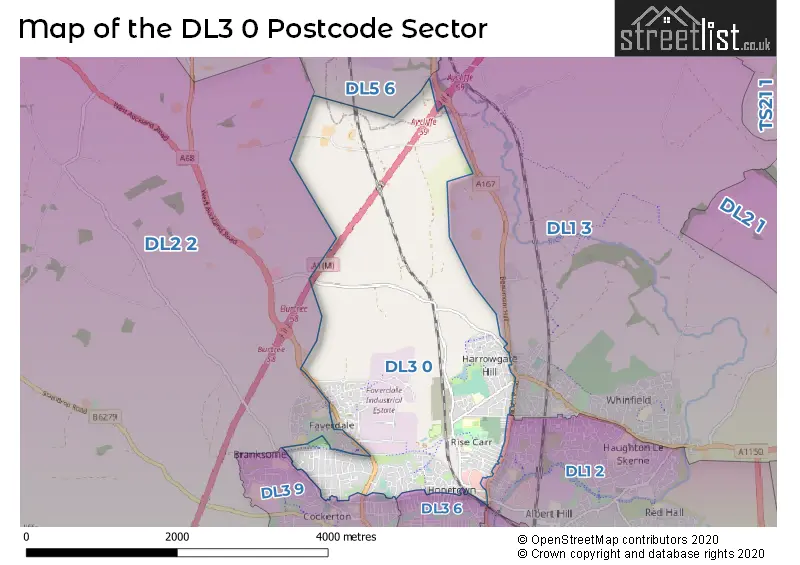 Map of the DL3 0 and surrounding postcode sector