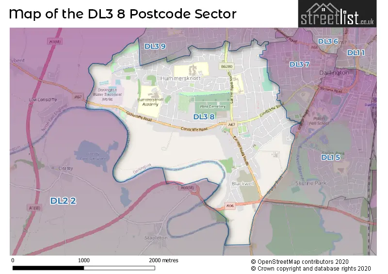 Map of the DL3 8 and surrounding postcode sector
