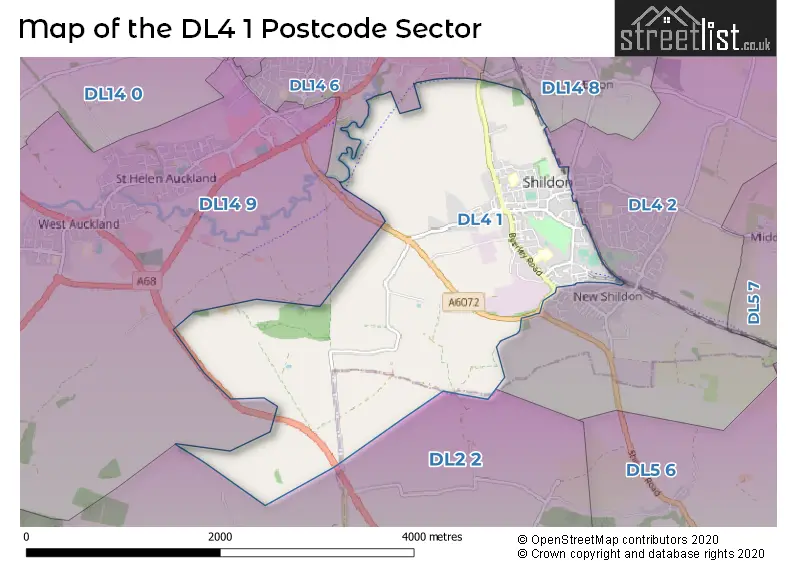 Map of the DL4 1 and surrounding postcode sector