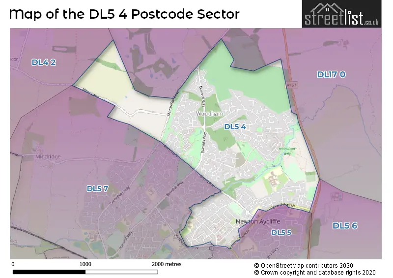 Map of the DL5 4 and surrounding postcode sector