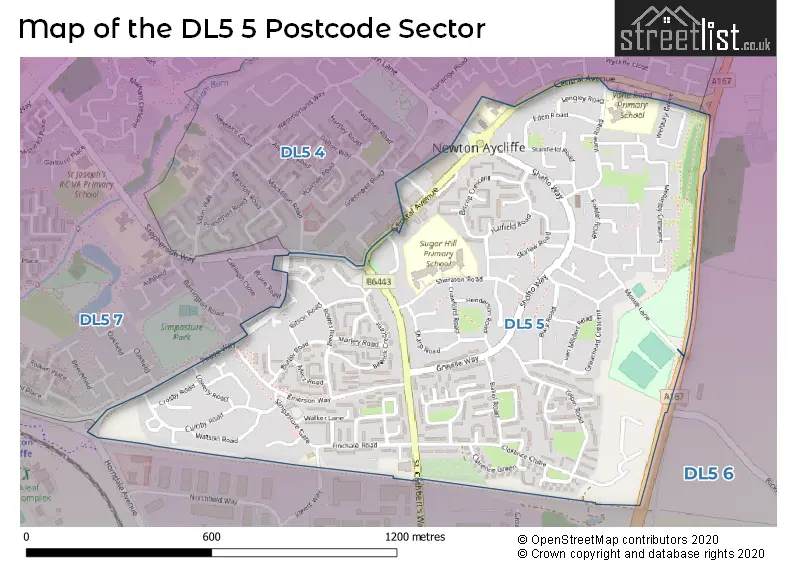 Map of the DL5 5 and surrounding postcode sector