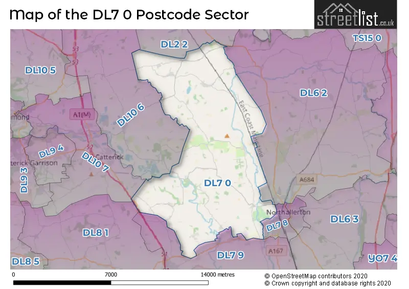Map of the DL7 0 and surrounding postcode sector