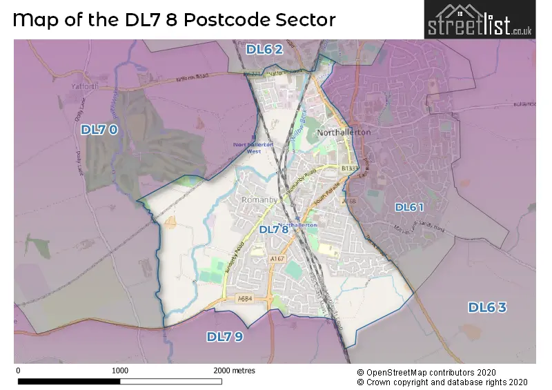 Map of the DL7 8 and surrounding postcode sector