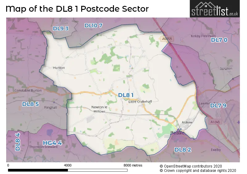 Map of the DL8 1 and surrounding postcode sector