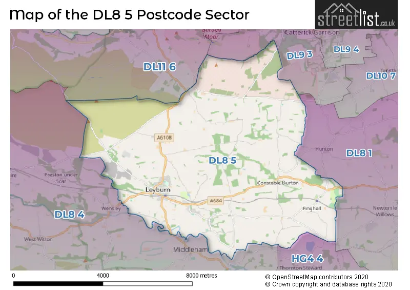 Map of the DL8 5 and surrounding postcode sector