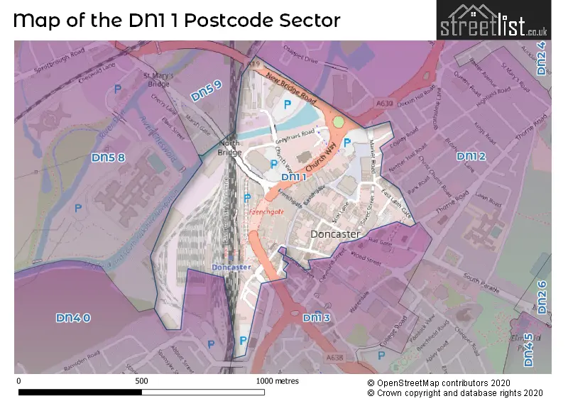 Map of the DN1 1 and surrounding postcode sector