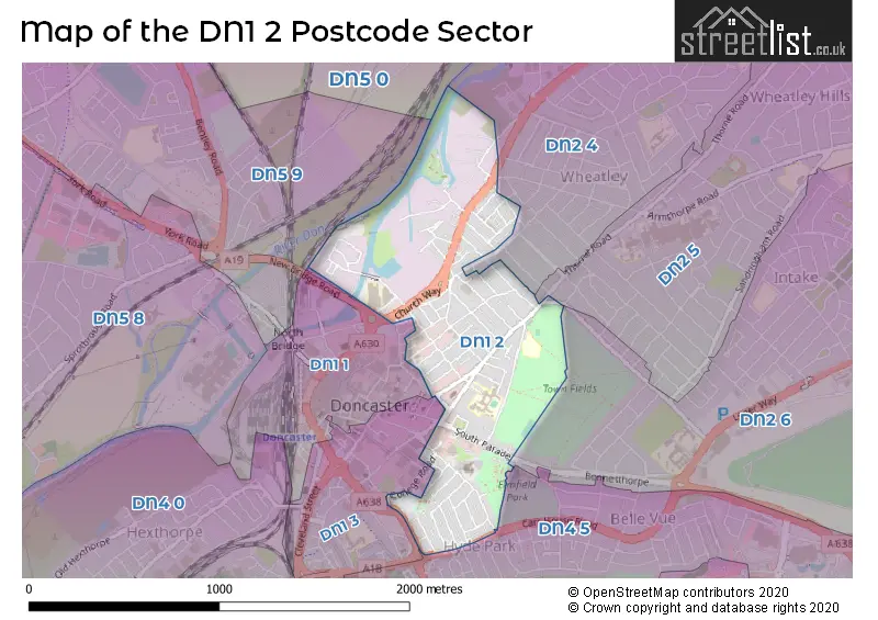 Map of the DN1 2 and surrounding postcode sector