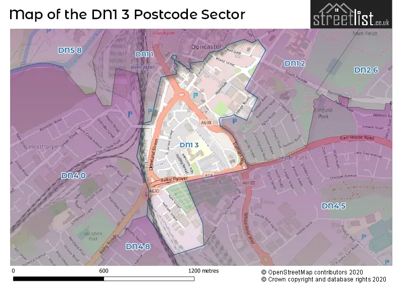 Map of the DN1 3 and surrounding postcode sector