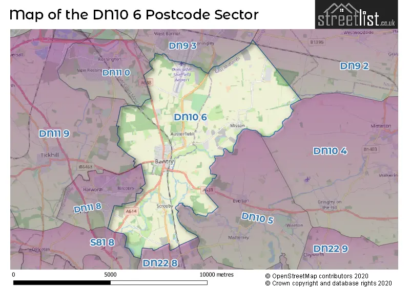 Map of the DN10 6 and surrounding postcode sector