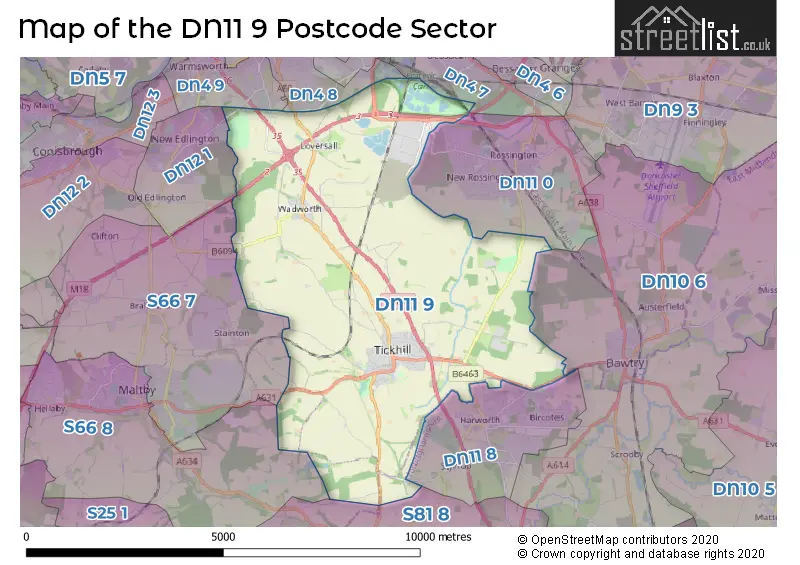 Map of the DN11 9 and surrounding postcode sector