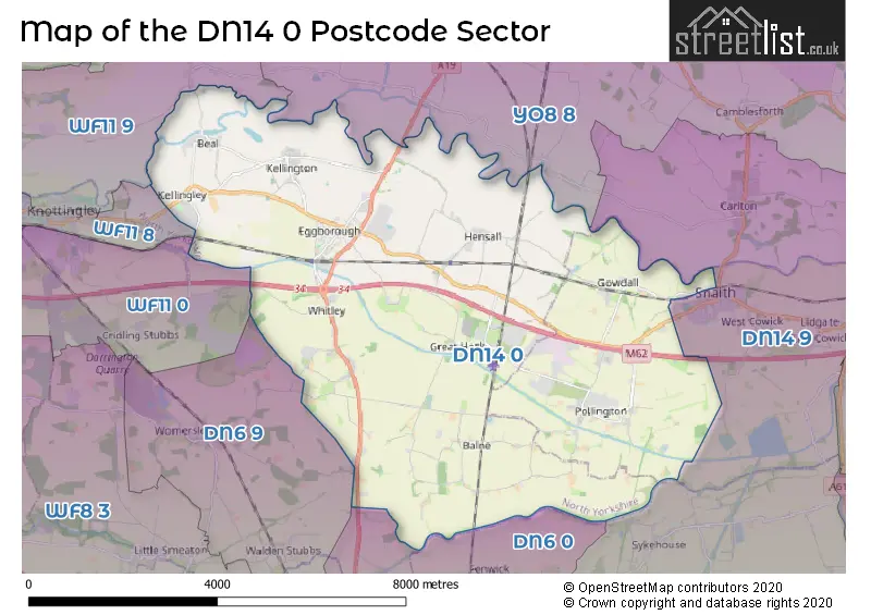 Map of the DN14 0 and surrounding postcode sector