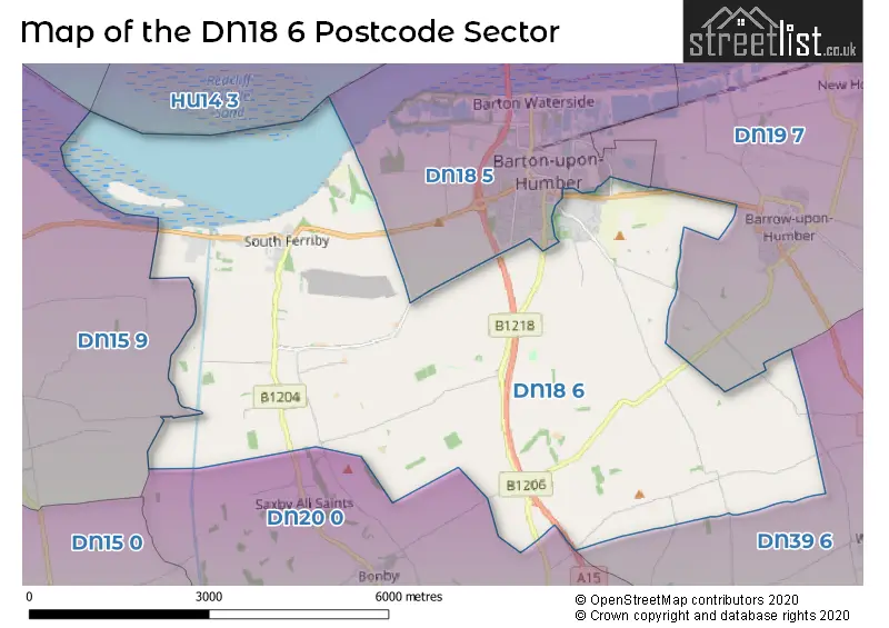 Map of the DN18 6 and surrounding postcode sector