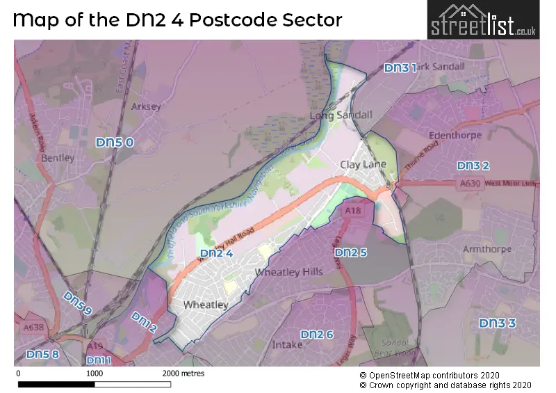 Map of the DN2 4 and surrounding postcode sector