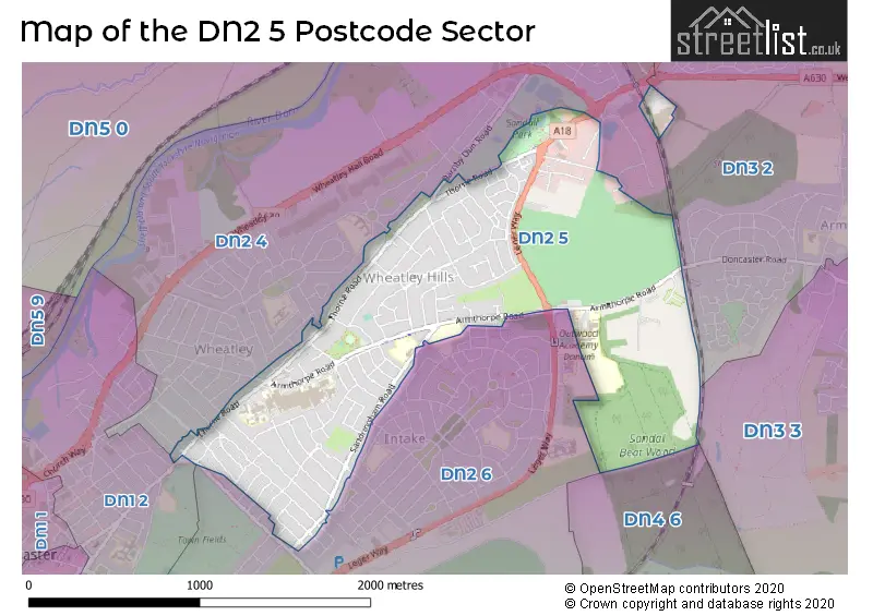 Map of the DN2 5 and surrounding postcode sector