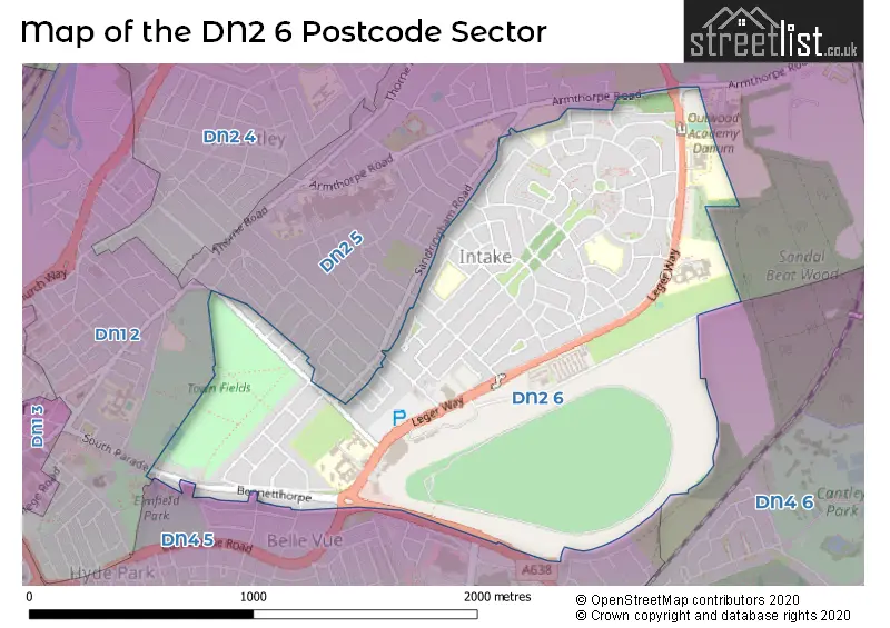Map of the DN2 6 and surrounding postcode sector