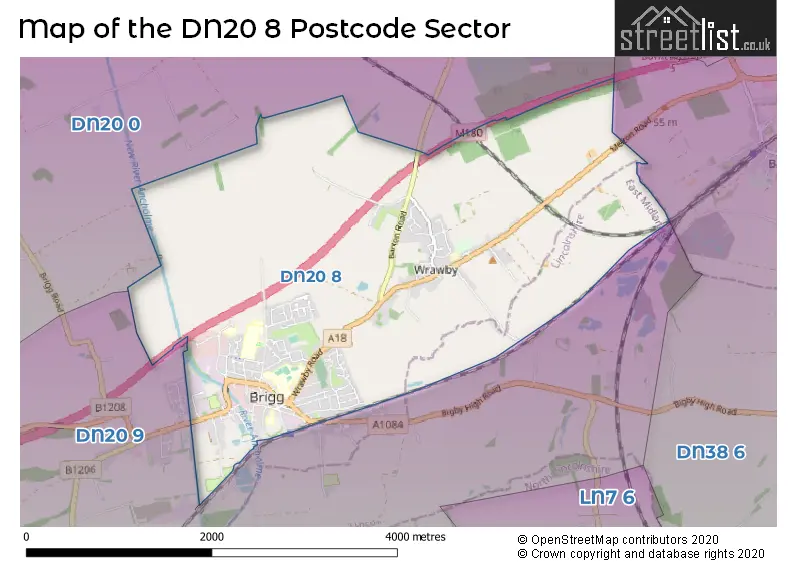 Map of the DN20 8 and surrounding postcode sector
