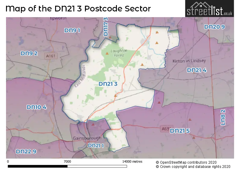 Map of the DN21 3 and surrounding postcode sector