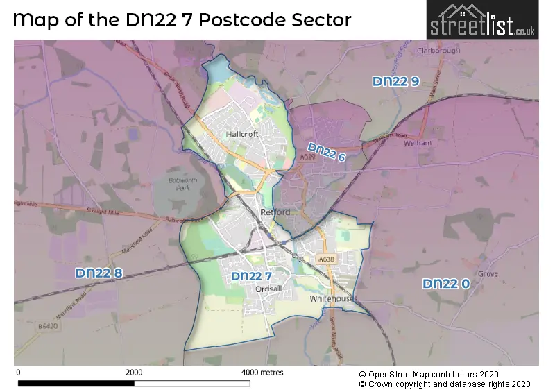 Map of the DN22 7 and surrounding postcode sector