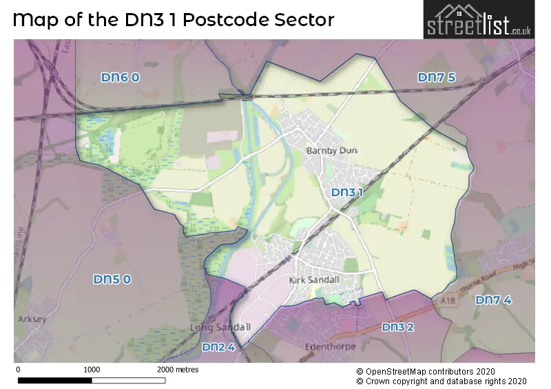 Map of the DN3 1 and surrounding postcode sector
