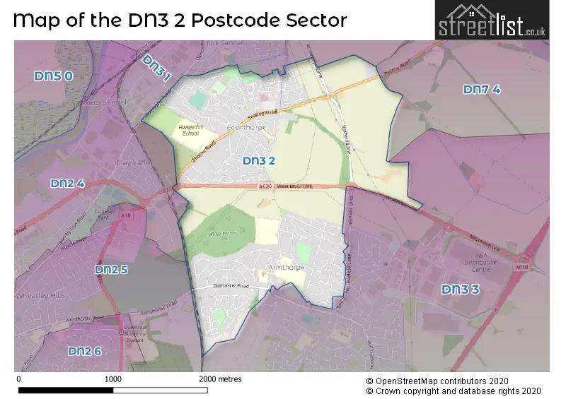 Map of the DN3 2 and surrounding postcode sector