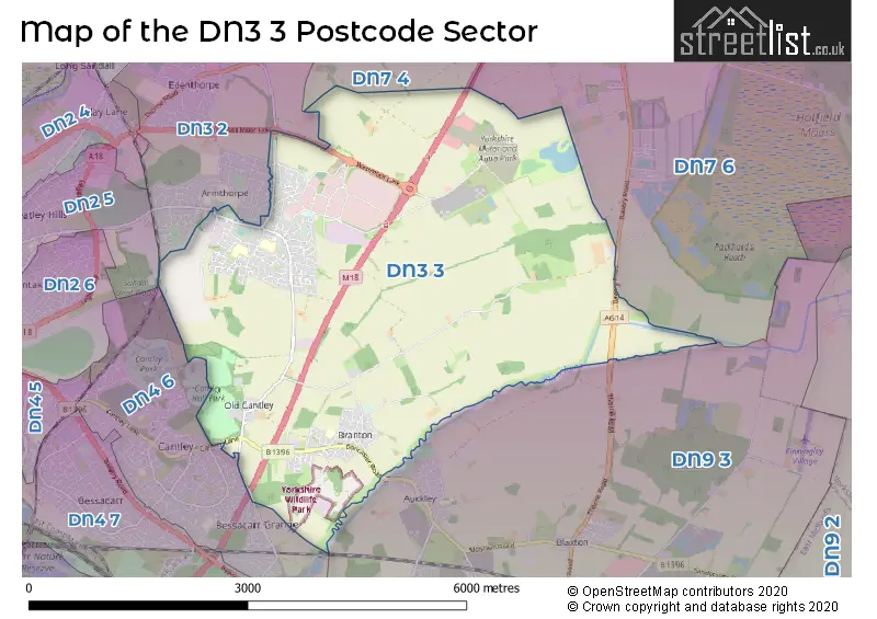 Map of the DN3 3 and surrounding postcode sector