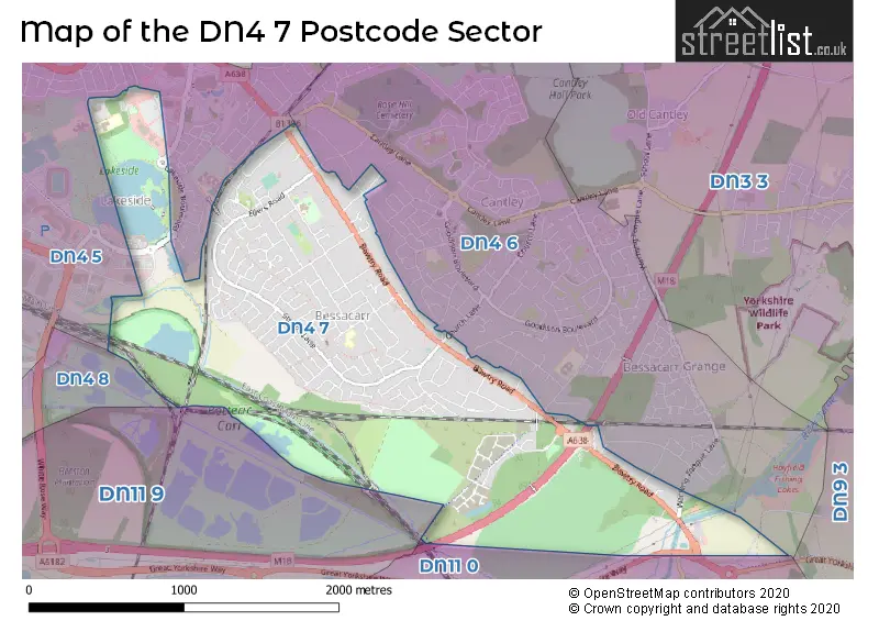 Map of the DN4 7 and surrounding postcode sector