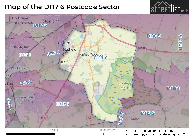 Map of the DN7 6 and surrounding postcode sector