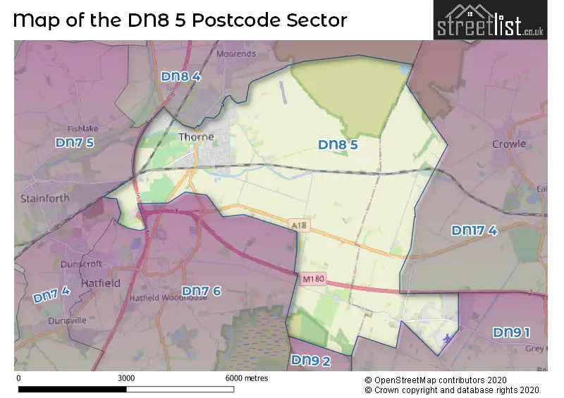 Map of the DN8 5 and surrounding postcode sector