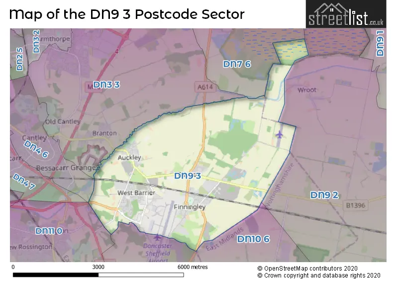 Map of the DN9 3 and surrounding postcode sector