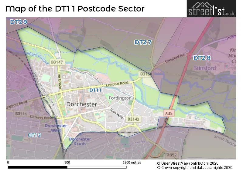 Map of the DT1 1 and surrounding postcode sector