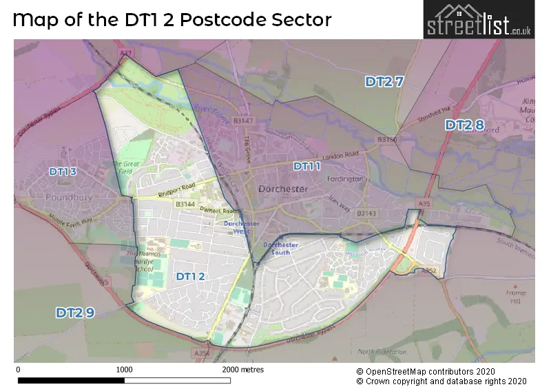 Map of the DT1 2 and surrounding postcode sector