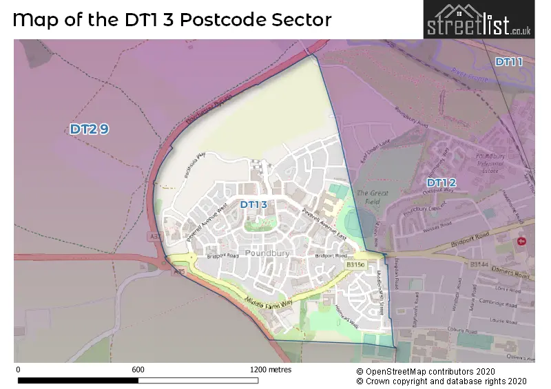 Map of the DT1 3 and surrounding postcode sector