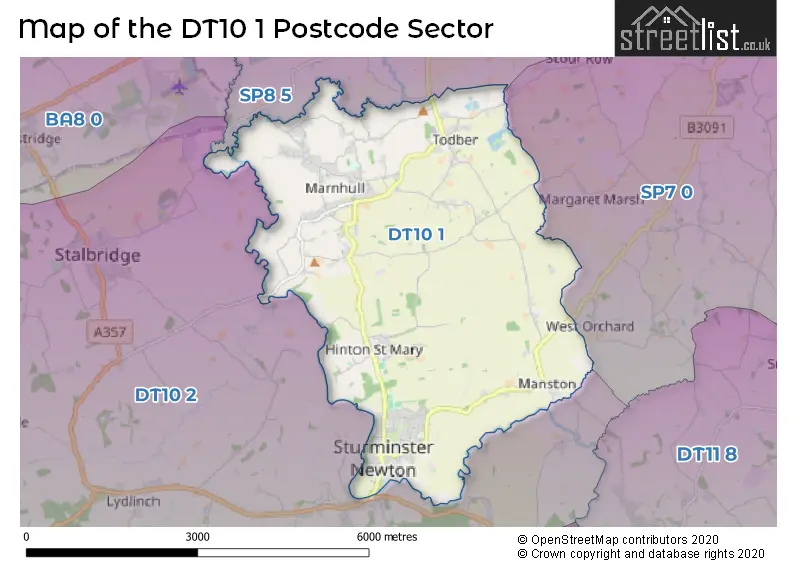 Map of the DT10 1 and surrounding postcode sector