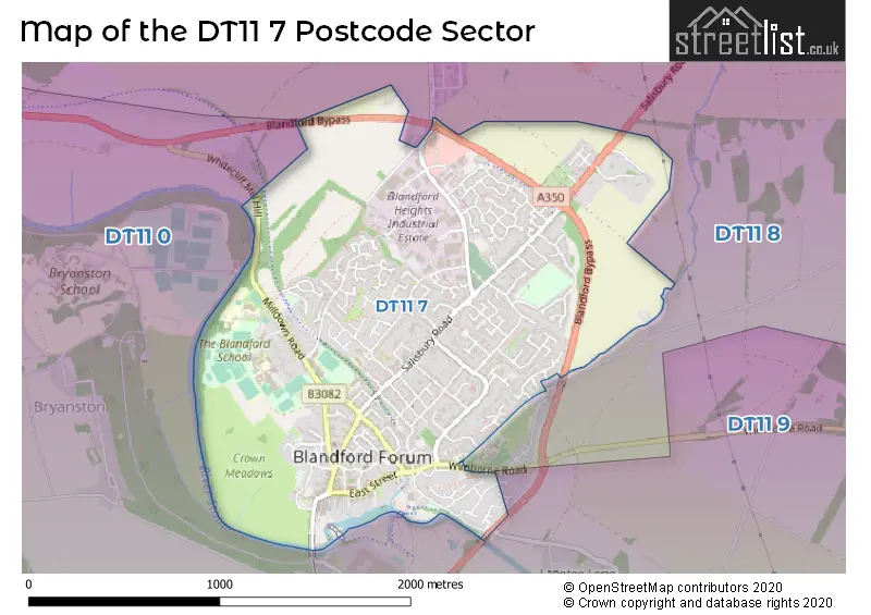 Map of the DT11 7 and surrounding postcode sector