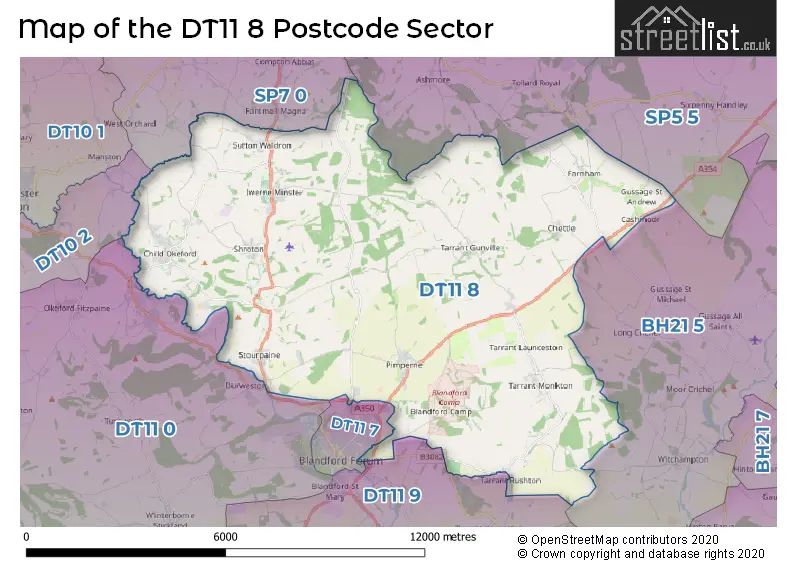 Map of the DT11 8 and surrounding postcode sector