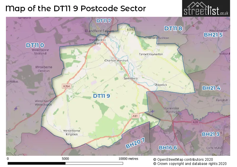 Map of the DT11 9 and surrounding postcode sector