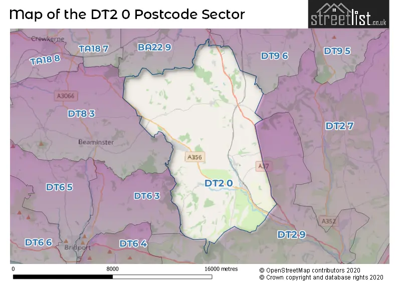 Map of the DT2 0 and surrounding postcode sector