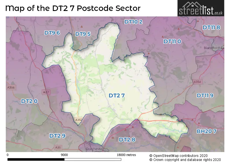 Map of the DT2 7 and surrounding postcode sector