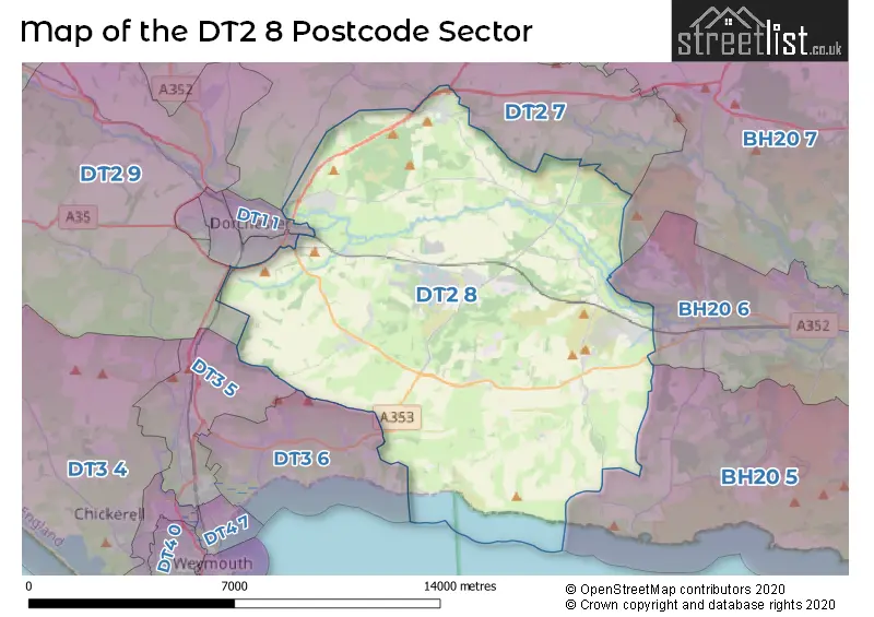 Map of the DT2 8 and surrounding postcode sector