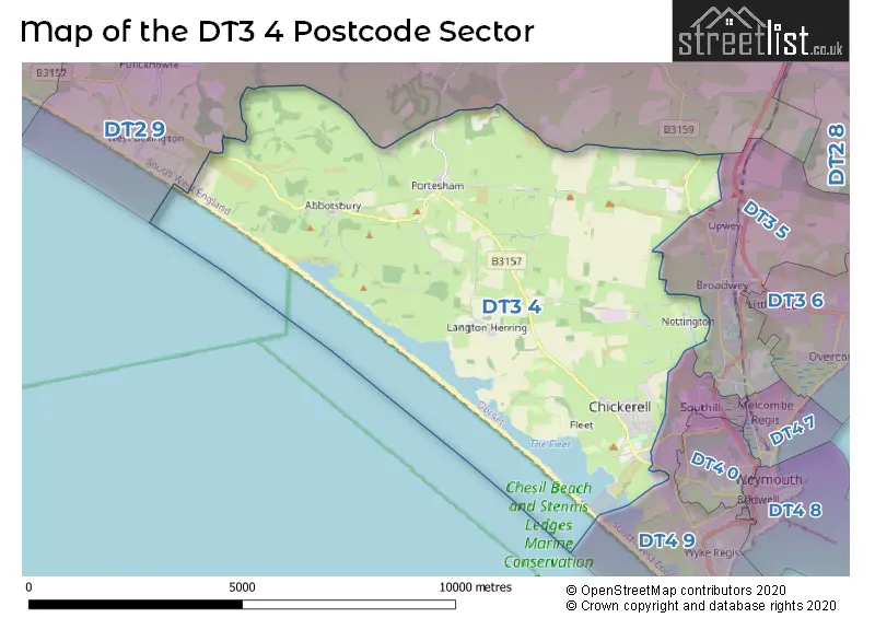 Map of the DT3 4 and surrounding postcode sector